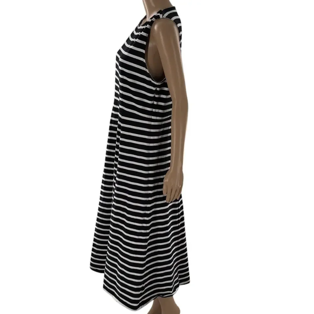 J. Crew Black Striped Cap Sleeve Cotton Knit Midi Dress